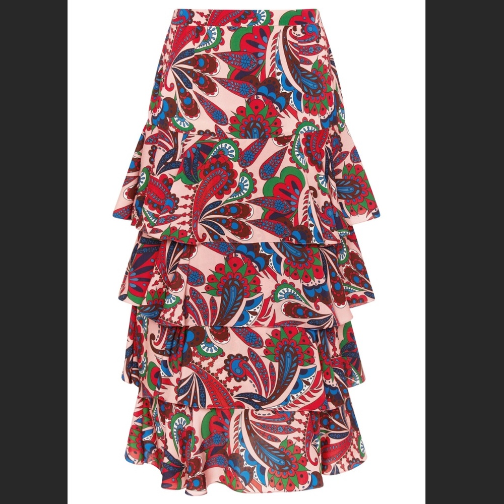 Borgo de Nor Livi Tiered Ruffle Paisley Midi Skirt Size US 10 uk-14 Boho Floral